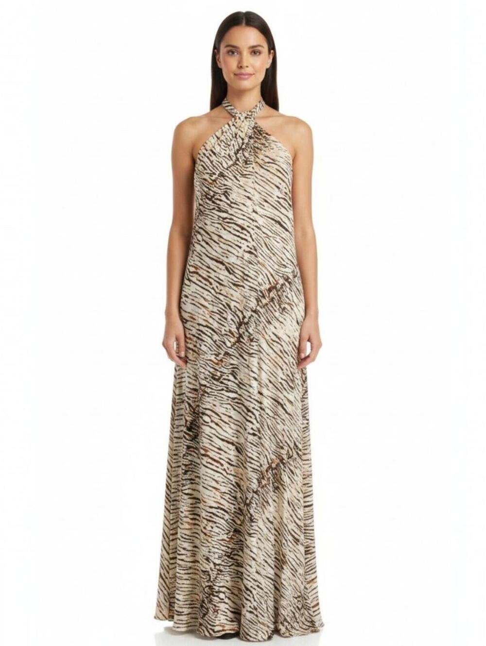 Elan Zebra Print Halter Maxi Dress Women Large Brown Tan Sleeveless Resortwear